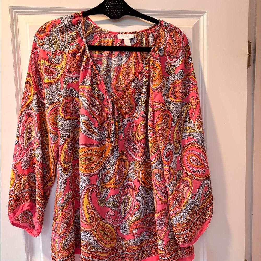 Charter Club Paisley Tie-Neck Peasant Blouse - Pink/Orange XL